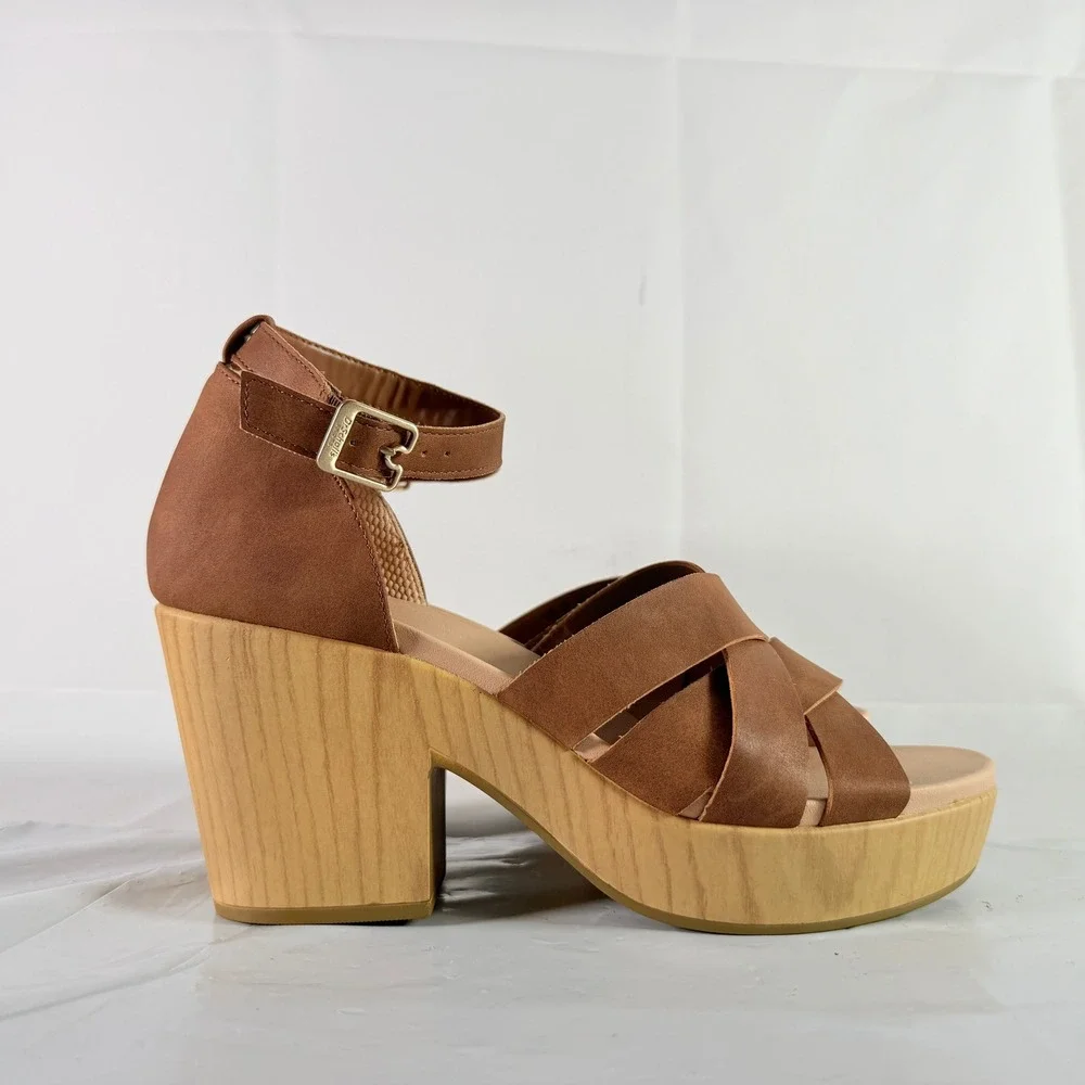 Dr. Scholl's Blissful Platform Heeled Sandal Brown Faux Leather Womens 9.5M